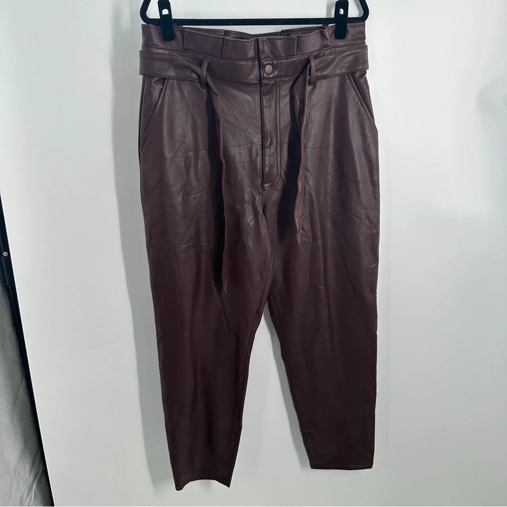 Abercrombie and Fitch Maroon Dark Red Faux Leather Paper Bag Waist Pants - Picture 2 of 9